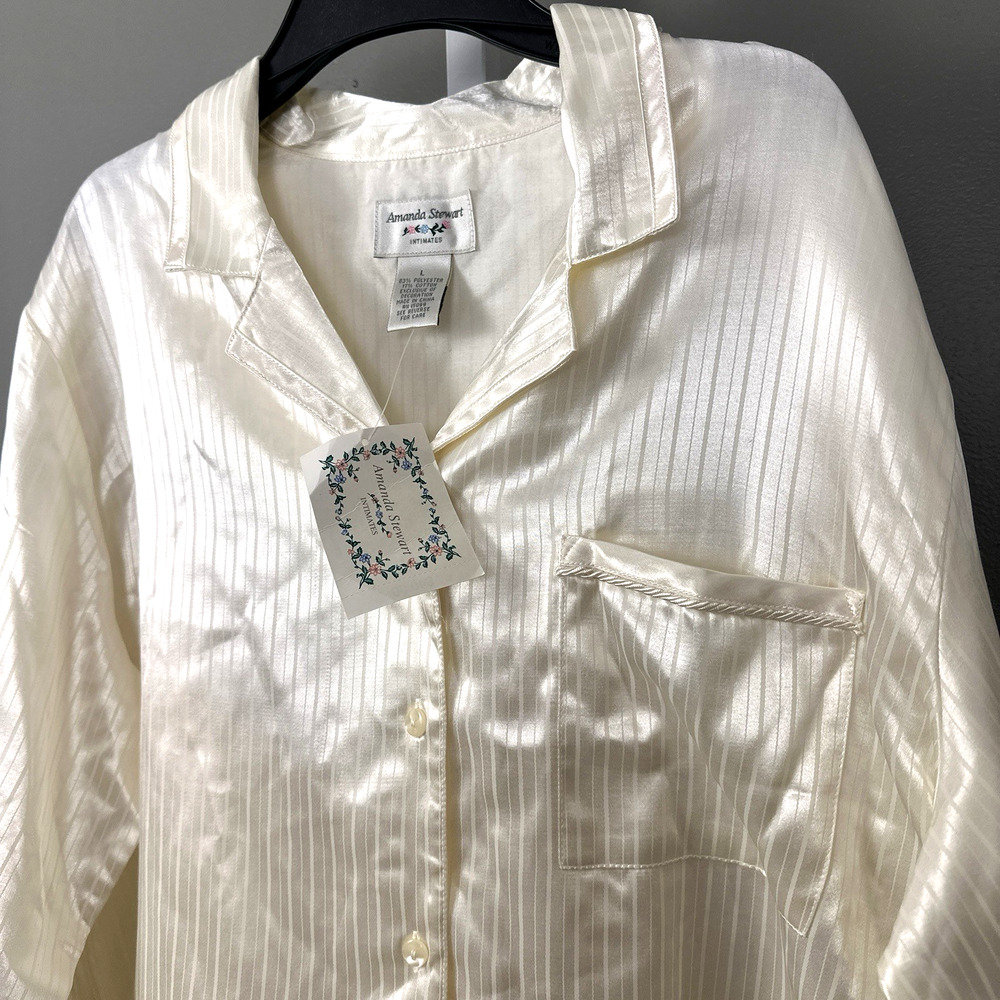 Vintage NOS Amanda Stewart Satin Pajama Set Large Ivory Striped Sears NWT 90s - Picture 4 of 9